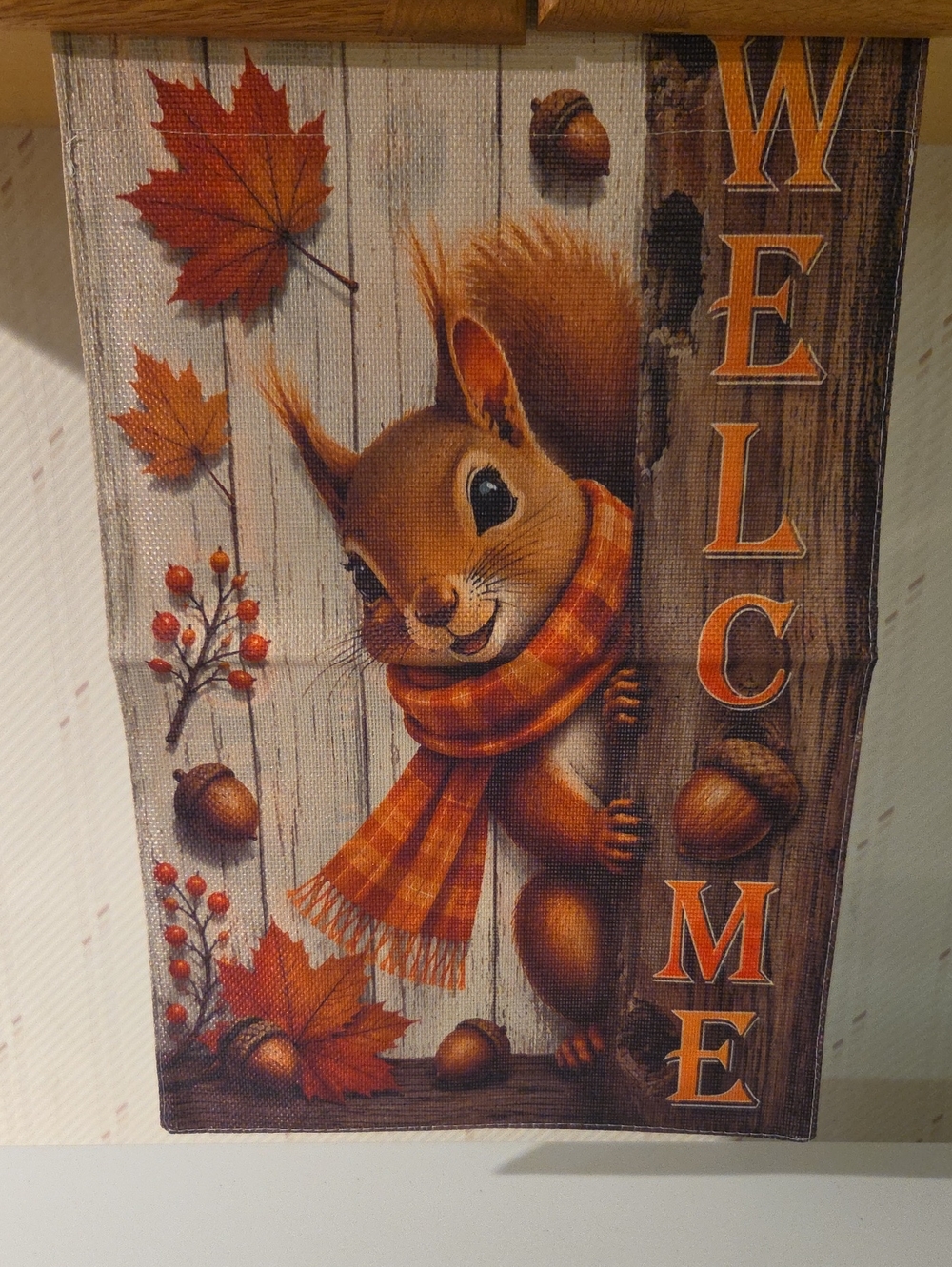 Welcome Squirrel Autumn Garden Flag - Orange and Brown